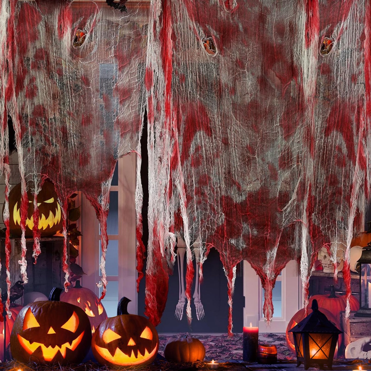 512" x 85" Halloween Blood Creepy Cloth Decoration - Large Bloody Spooky Fabric Gauze -Halloween Scary Gauze Blood Creepy Cloth for Haunted House Halloween Party Yard Wall Doorway Outdoors Decoration