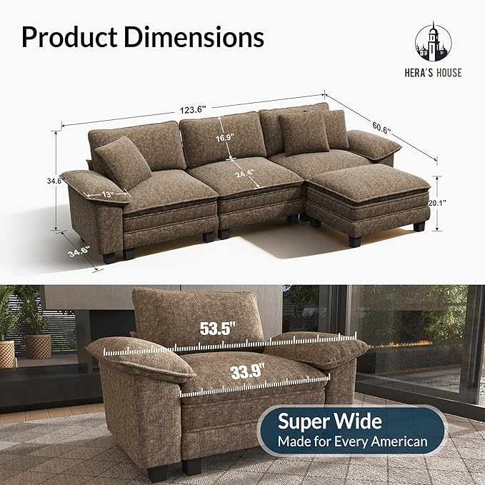 HERA'S HOUSE 124" Modular Sectional Sofa, Oversized L Shaped Couches