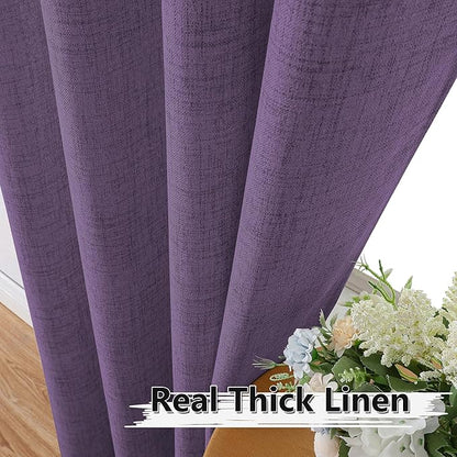 Tollpiz Linen Curtain Bedroom Rod Pocket Semi Sheer Curtains Burlap Light Filtering Thick Linen Drape for Living Room, 54 x 63 inches Long, Royal Purple, Set of 2 Panels
