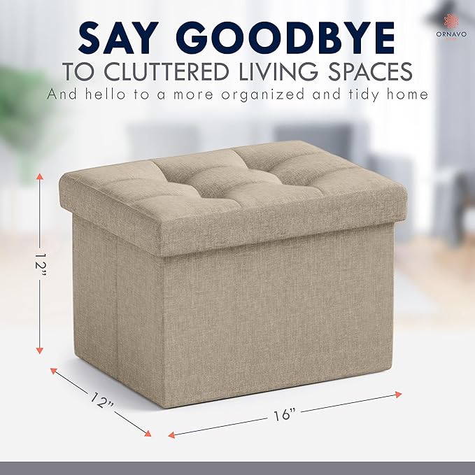 Ornavo Home Small Storage Ottoman Foldable Collapsible Rectangle Linen Ottoman