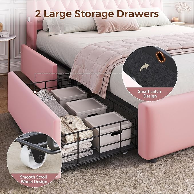 Full LED Velvet Bed Frame with 2 Storage Drawers&Hidden Headboard, Upholstered