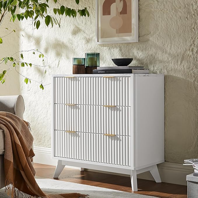 T4TREAM Fluted 3 Drawers Nightstand, Oversized Extra Large Modern Side Table