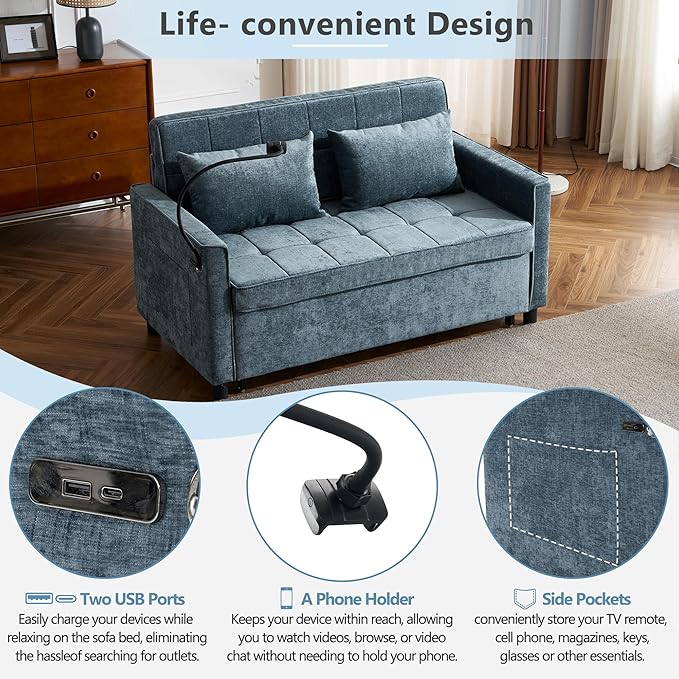 3 in 1 Convertible Sleeper Sofa Bed, 56.9" Small Pull Out Couch Bed