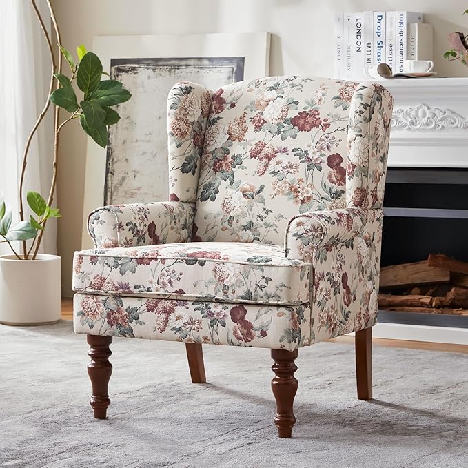 HUIMO Printed Wingback Accent Chair, Linen Upholstered High Back Armchair