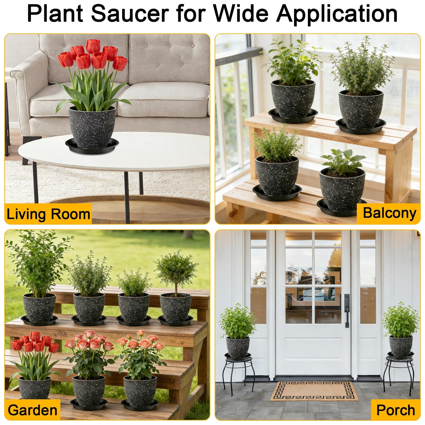 WYIPOLZI 6 Pack 12 Inch Plant Saucers Tray, Heavy Duty Plastic Plant Trays Drip Plates for Home & Garden Potted Plants, Water Trays Saucers for Pots Planter, Indoor Outdoor Use,Black