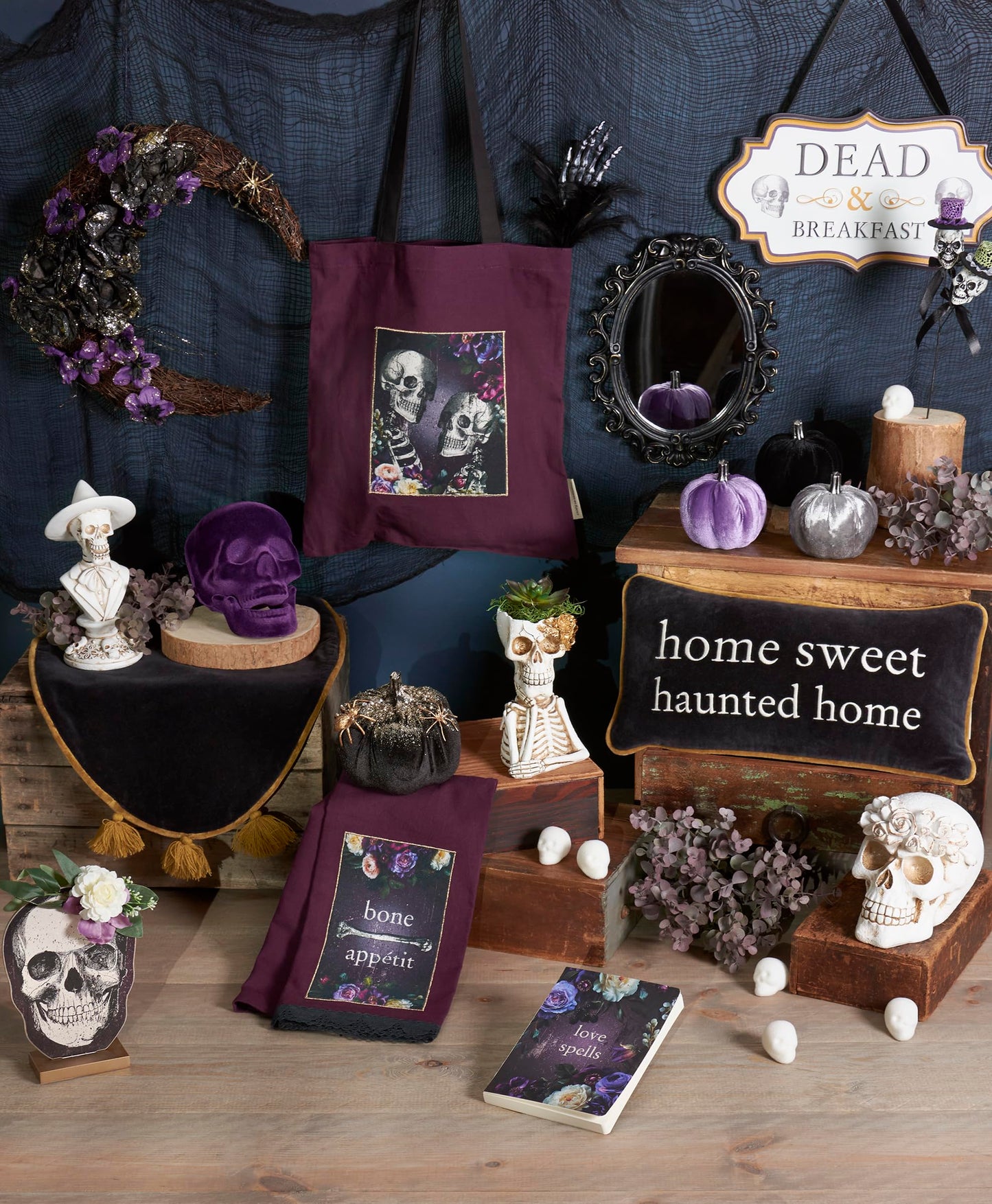 Primitives by Kathy Moody Moon Wreath - 14" x 17" Seasonal Halloween Decor, Rattan Crescent with Black and Purple Faux Florals, Gold Glitter Details, and Gold Spider