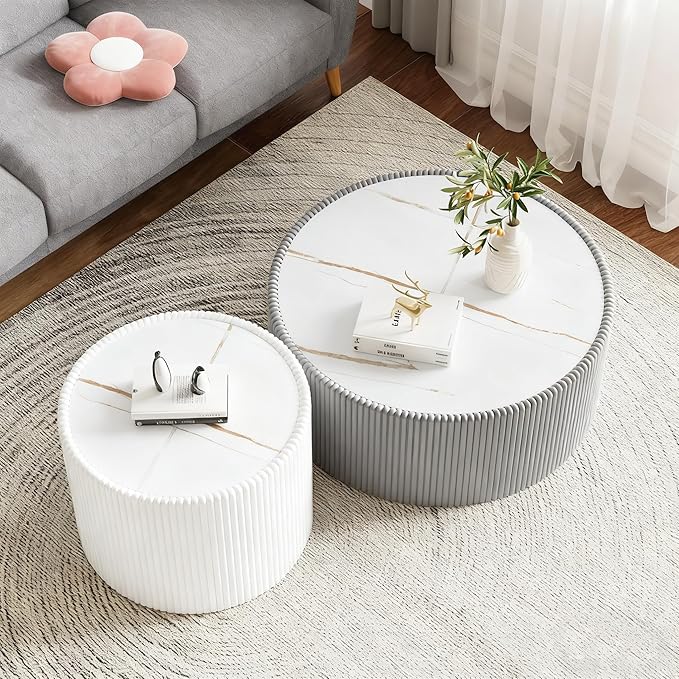 2-Piece Round Nesting Coffee Table Set, 29.52" Marble Coffee Table and End