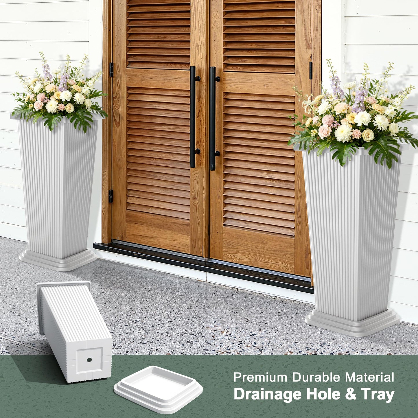 PolarcoForgeco Tall Outdoor Planters Set of 2, 24" Tapered Outdoor Tall White Planter for Front Porch, Large Indoor Modern Planter Flower Pots with Tray, Drainage Holes (Ribbed)