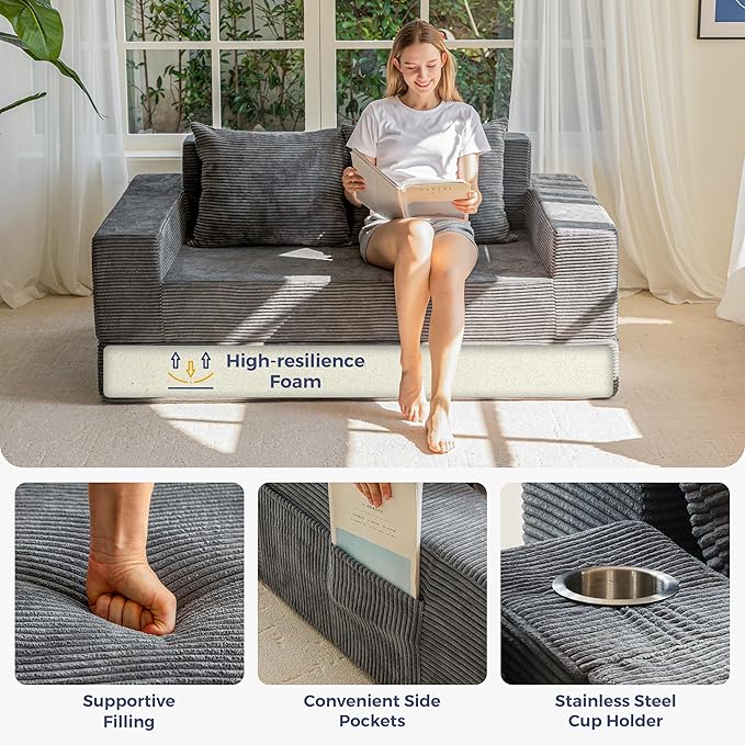 MAXYOYO Loveseat Sofa Bed, 4 in 1 Convertible Boneless Couch Folding Recliner