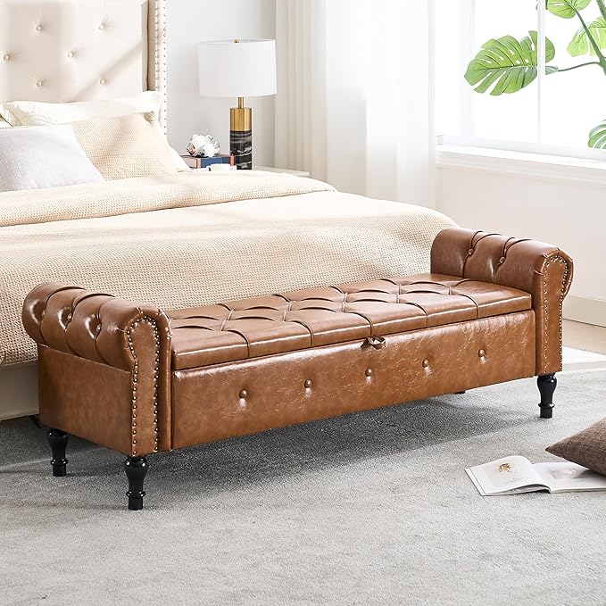 Storage Bench for Bedroom, Faux Leather 67" End of Bed Bench, King Size Bench