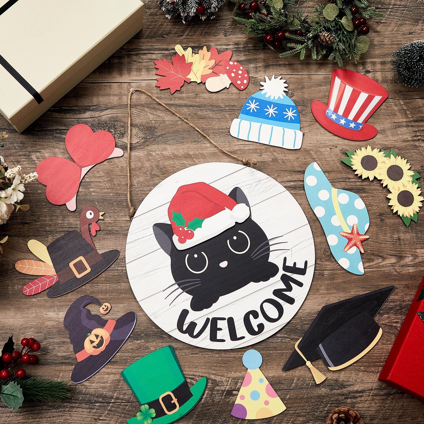 BrightRow Interchangeable Welcome Sign for Front Door with 4 Seasonal 15 Black Cat Headpieces, Wooden Farmhouse Outdoor Porch Sign with 4th of July Patriotic Decor for Cat Lovers, Housewarming Gift