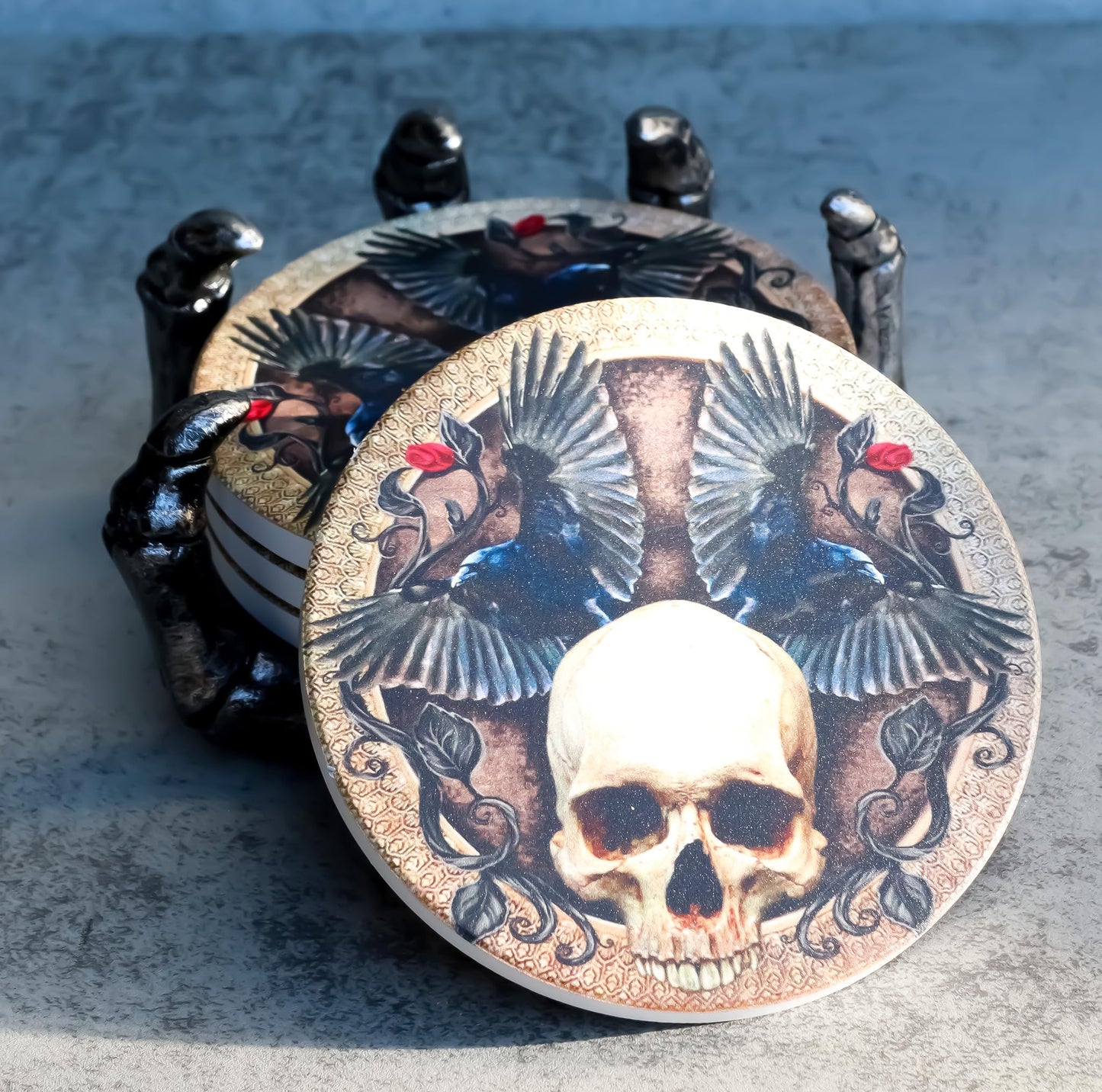 Ebros Gothic Alchemy Clutch of The Dead Skeleton Hand Resin Coaster Figurine Holder with 4 Skull Raven Tile Coasters Set Furniture Protector Ossuary Macabre Halloween Spooky Home Decor Accent