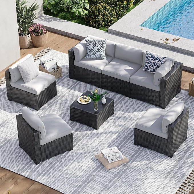 Aoxun 7 Piece Patio Furniture Set, Wicker Rattan Patio Sectional Sofa, Outdoor