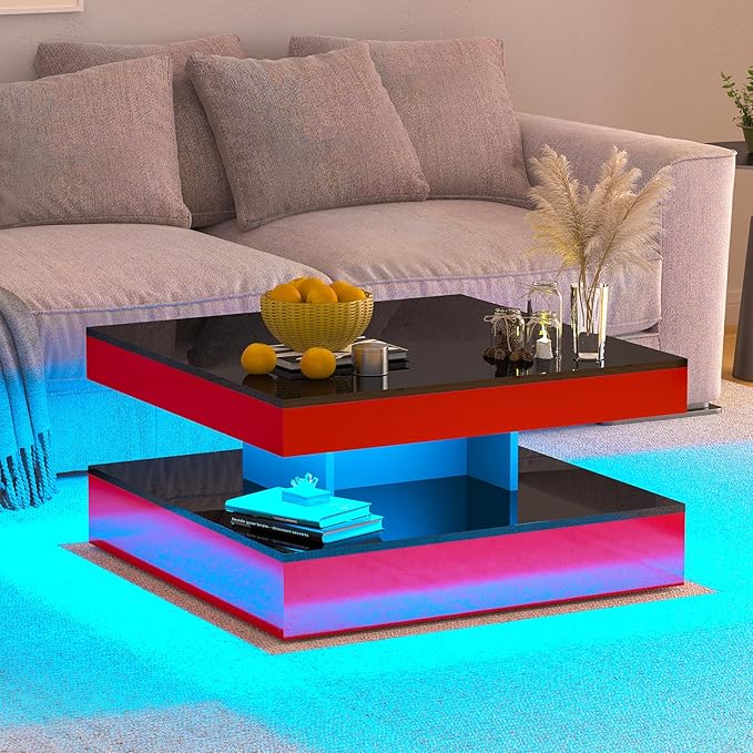 HedoAjim Red LED Coffee Table for Living Room, Living Room Table 2-Tier Square