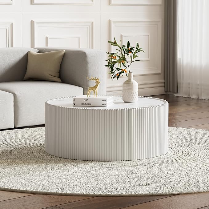 White Marble Round Coffee Table, 29.52" Fluted Coffee Table