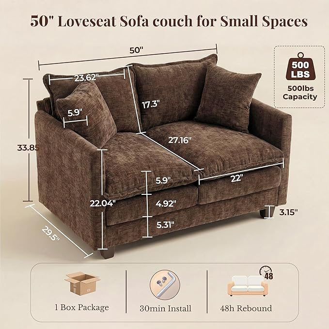 Loveseat Sofa with Cloud 3-Layer Cushion & 27" Deep Seat, Modern Love Seat