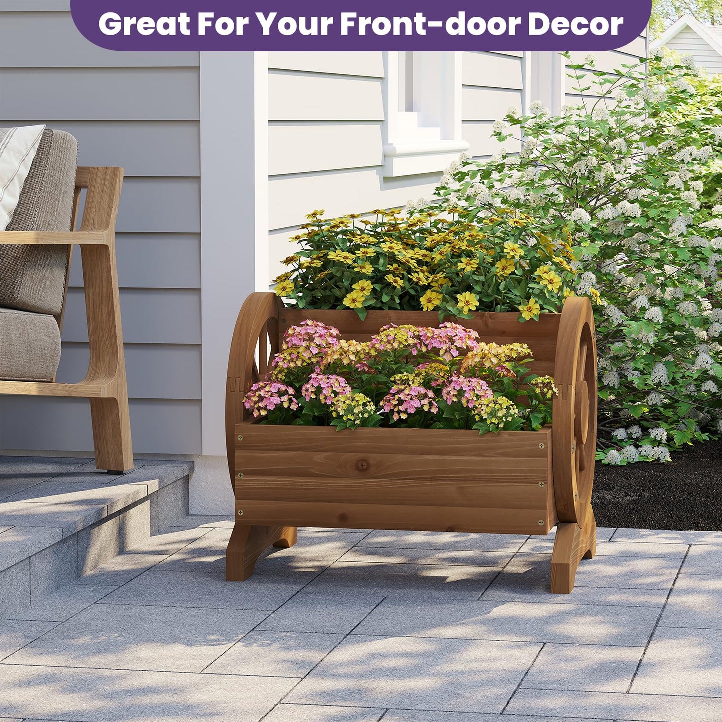Wieghda Wooden Wagon Planter Box, Standing Garden Planter, Decorative Outdoor Container,Coffee