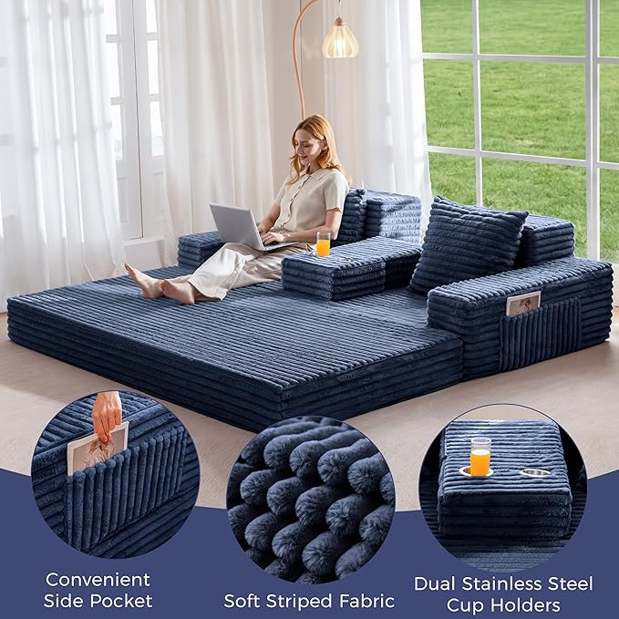 MAXYOYO Loveseat Sofa Bed, Striped Faux Fur Foldable Floor Sofa Couch in A Box