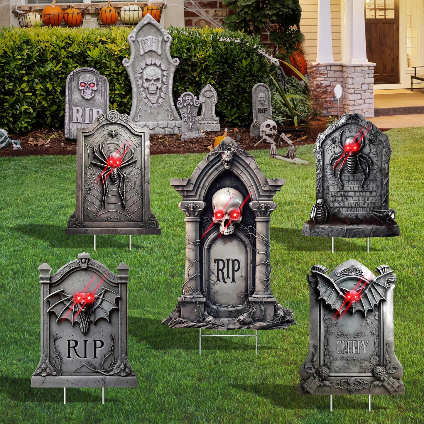 5 Pack Tombstone Halloween Decorations Plastic Yard Signs with Stakes,Graves Halloween Decorations Outdoor, Scary Gravestone Decorations with Glow in Dark Eyes for Outdoor Yard Lawn Garden Waterproof