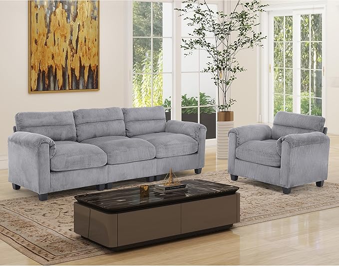HAOMARKETS Corduroy Sofa Set, Upholstered Armchair and 3-Seater Couch