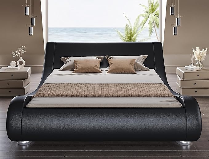 SHA CERLIN Full Size Upholstered Bed Frame, Deluxe Low Profile Sleigh Bed