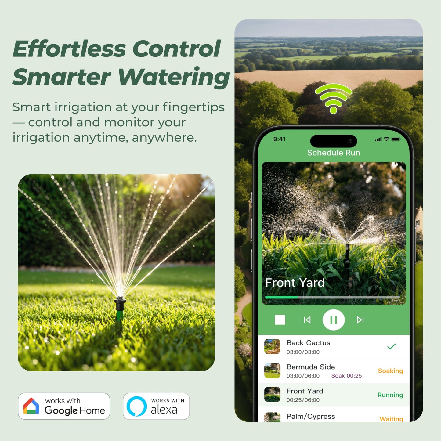 Indoor/Outdoor Smart Sprinkler Controller, ET Automatic Watering Irrigation Controller,2.4GHz WiFi, Ultra Water Saving via Rain/Freeze/Wind/Saturation Skip, App Remote Control & Fault Alerts