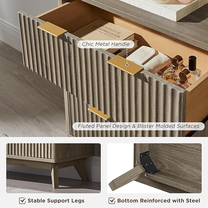T4TREAM Fluted 6 Drawers Dresser, Curved Profile Design, Dresser TV Stand