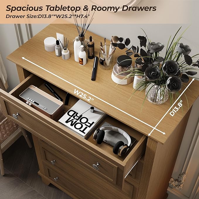 IDEALHOUSE 5 Drawer Dresser, Wooden Storage Chest of Drawers