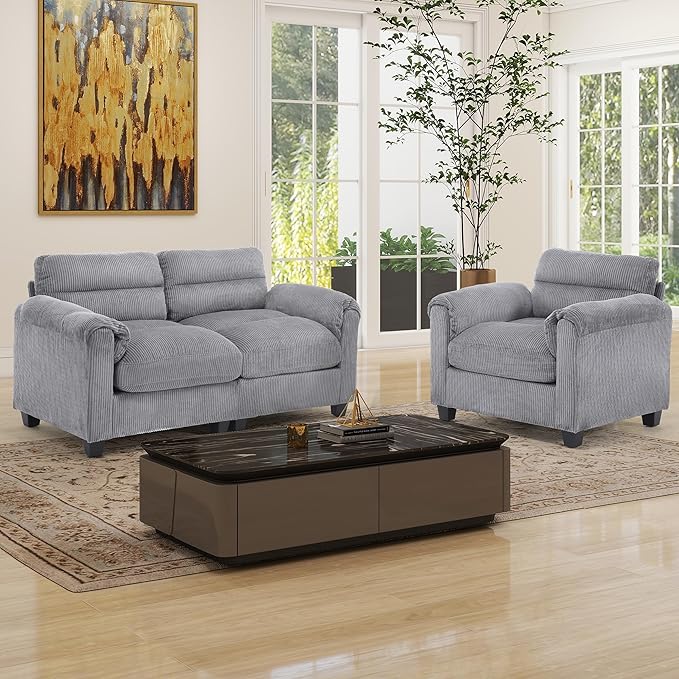 HAOMARKETS Corduroy Sofa Set, Upholstered Armchair and Loveseat