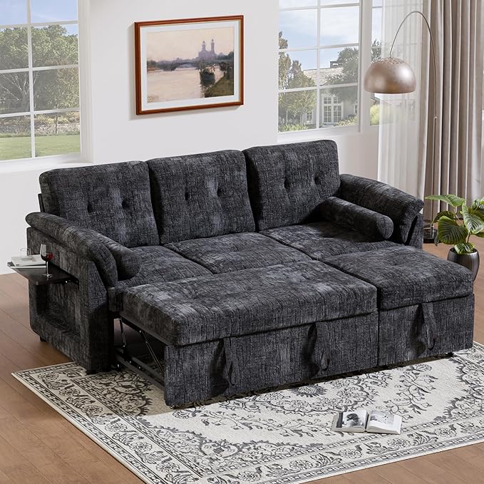 Convertible Sleeper Sofa Bed, 63 Inch Chenille Pull Out Couch