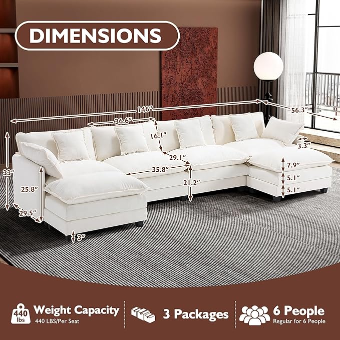 Ihanherry 146" U-Shaped Modern Sofa Modular Sectional Cloud Couch