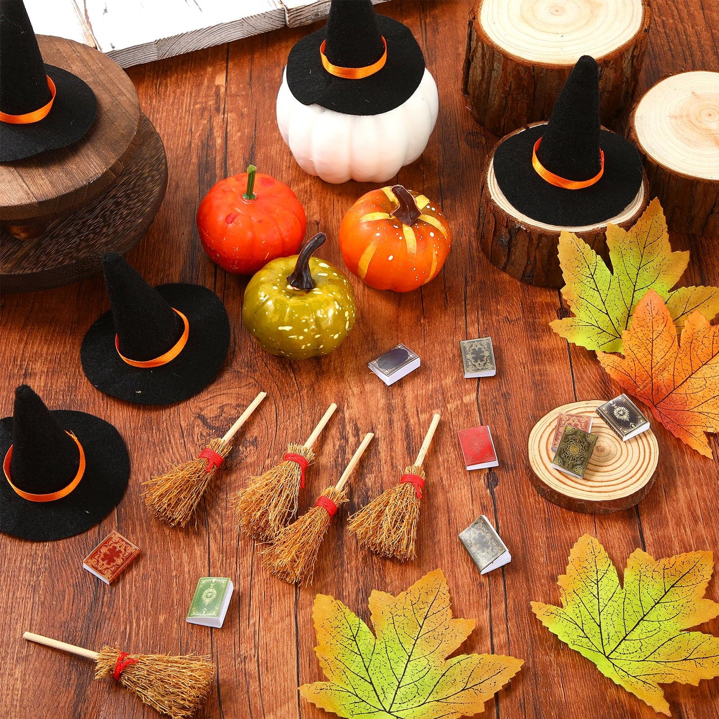 Yuntau 36 Pieces Mini Halloween Decorations 12 Mini Felt Witch Hats 12 Small Brooms 12 Miniature Dollhouse Books Tiny Witch Accessories Set for DIY Crafts Halloween Party Decor Supplies