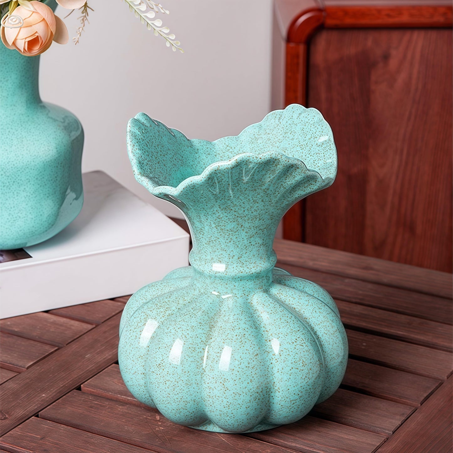 Flower Vase,Pumpkin Ceramic Vase, Ceramic Vase for Decor,Container for Flower, Centerpieces for Dining Table,for Living Room Desk Shelf Decor. (Cowboy Blue)