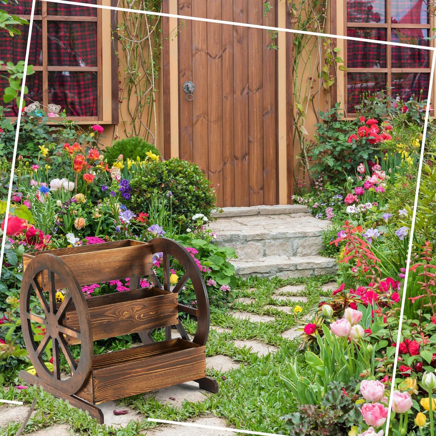 Beeveer 3 Tier Wooden Wagon Planter Box 24" x 24.5" x 22.5" Garden Planter for Outside Wood Planter Box with Drainage Holes Decorative Planters for Patio Garden Balcony Vegetables Flowers Herbs