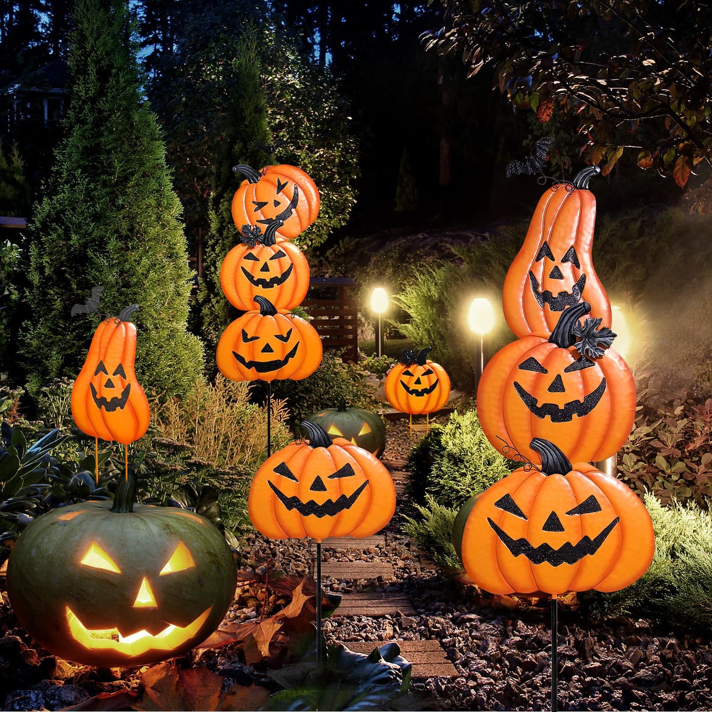 2 Pack Halloween/Thanksgiving Garden Stakes, Outdoor Party Décor Stacked Metal Pumpkins Jack-o-Lantern Lawn Decor, Yard Signs Stake Outdoor Decorative Pumpkin Home Lawn Pathway Driveway Decorations