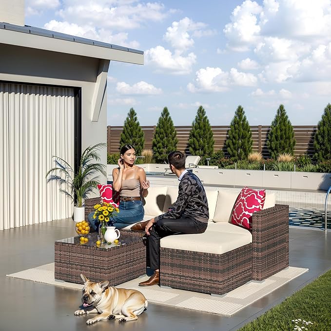 5-Piece L-Shaped Outdoor Patio Furniture Set, PE Wicker Sectional Sofa Set