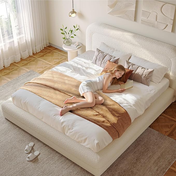 Homkdom Cloud Bed Frame and Headboard, Upholstered Soft King Size Bed Frame