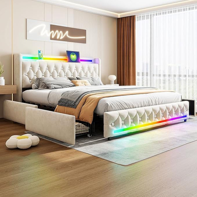 Music Player Bed with Bluetooth Speakers, Queen Size Smart Bed, USB&Type C