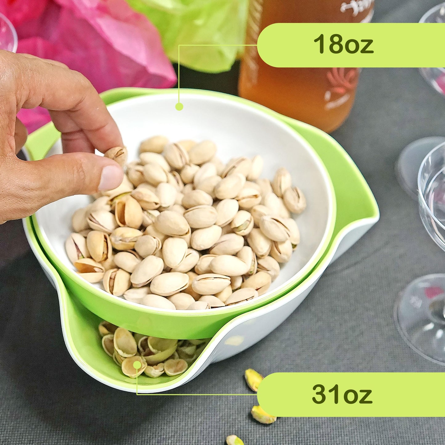 Southern Homewares Double Pedestal Serving Pistachio Bowl with Shell Storage – Green Interior, Ideal for Peanuts, Pistachios, Fruits, Candy, and Snacks