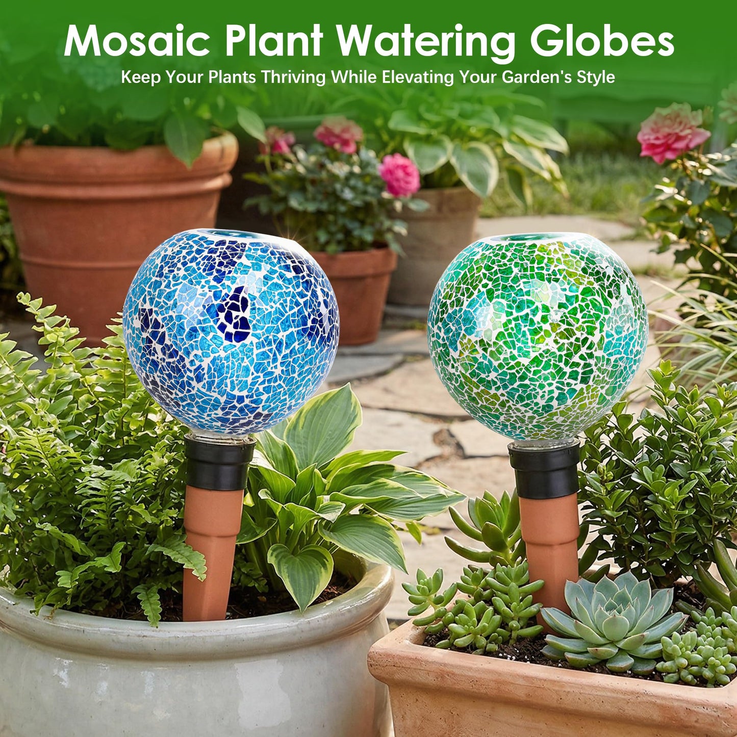 Chonsun Terracotta Watering Spikes Mosaic Plant Watering Globes for Outdoor Plants 2 Pack Automatic Plant Waterer Indoor for Pots Garden Office