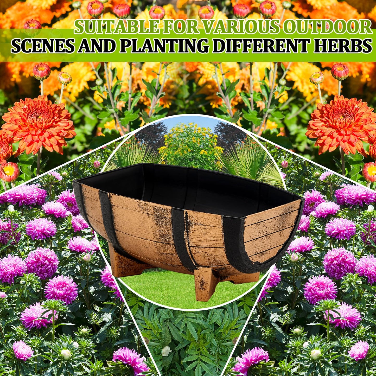 Set of 4 Whiskey Barrel Planters Half Barrel Planter with Removable Drain Screen Plant Flower Pot Weather Resistant Plastic Wine Planter Containers for Indoor Outdoor Garden, 16.14 x 11.8 x 7.28 Inch