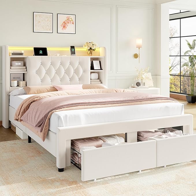 Full Bed Frame with Drawers, Hidden-Cubby & Shelves Storage Headboard with