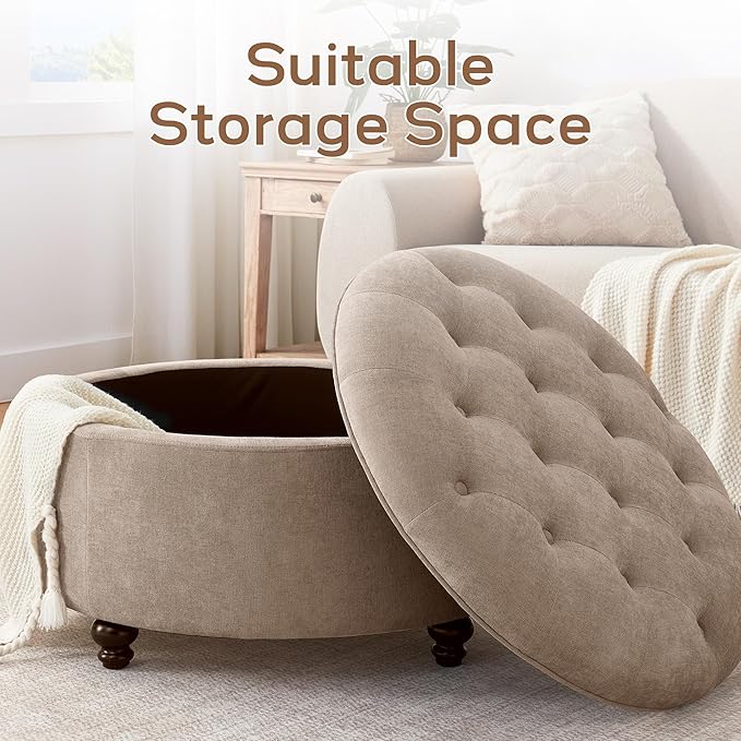 HUIMO 30-Inch Round Storage Ottoman, Modern Button Tufted Coffee Table