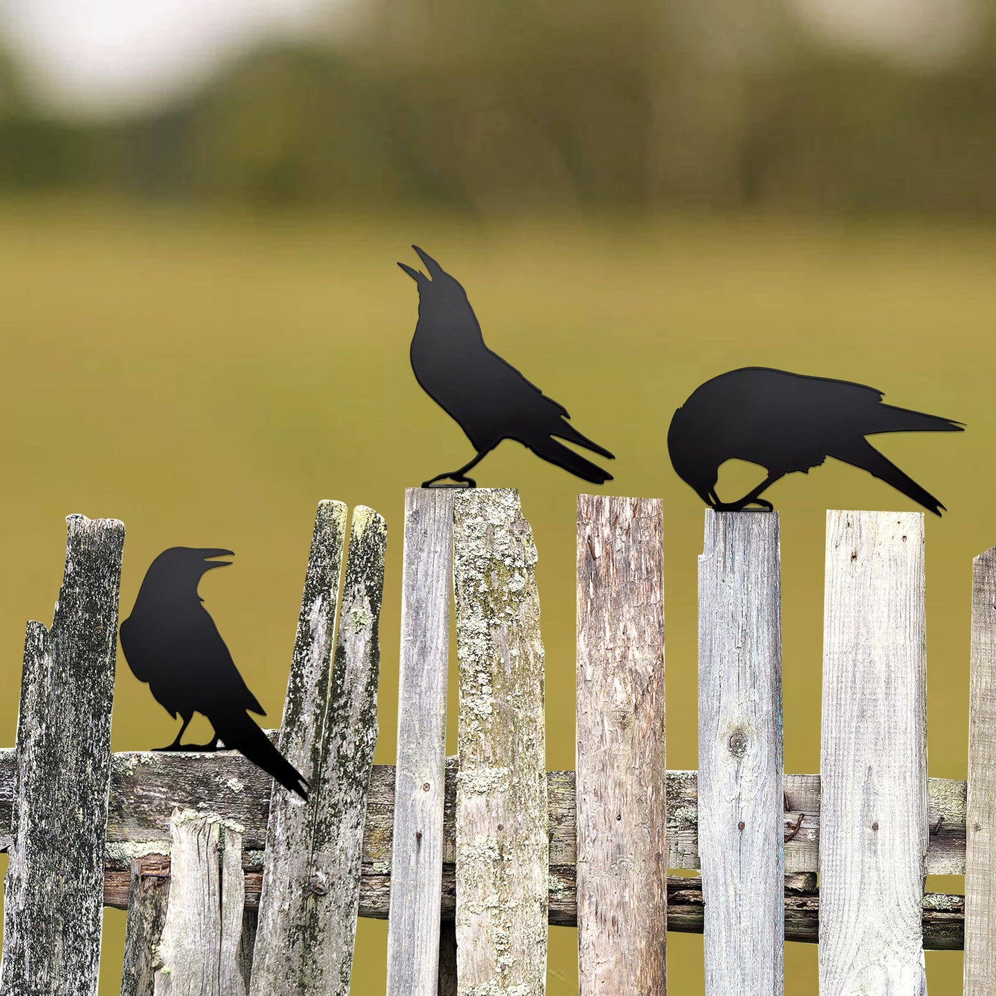 Set of 3 Metal Raven Statues - Gothic Crow Decor for Outdoor Fence Topper, Garden, and Halloween Displays | Fake Crow Ornament for Witchy Garden Decor Yard, Patio & Lawn | Unique Halloween Raven Gift