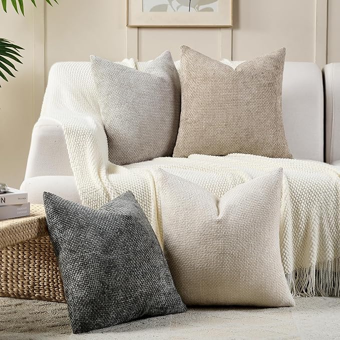 Volcanics Boho Throw Pillow Covers 20x20 Set of 4, Neutral Chenille Decorative