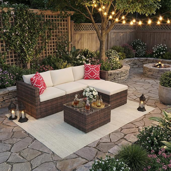 5-Piece L-Shaped Outdoor Patio Furniture Set, PE Wicker Sectional Sofa Set