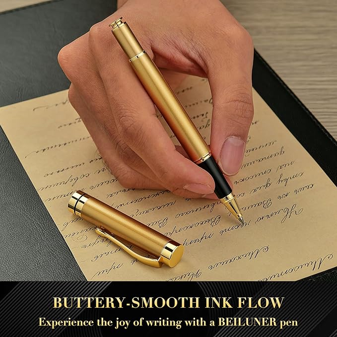 BEILUNER Ballpoint Pens, Stainless Steel with Chrome Trim, Luxury Golden Metal Pen Set, Best Ball Pen Gift Set for Men & Women, Professional, Executive, Office, Fancy Pens-Nice Box with Extra Refill