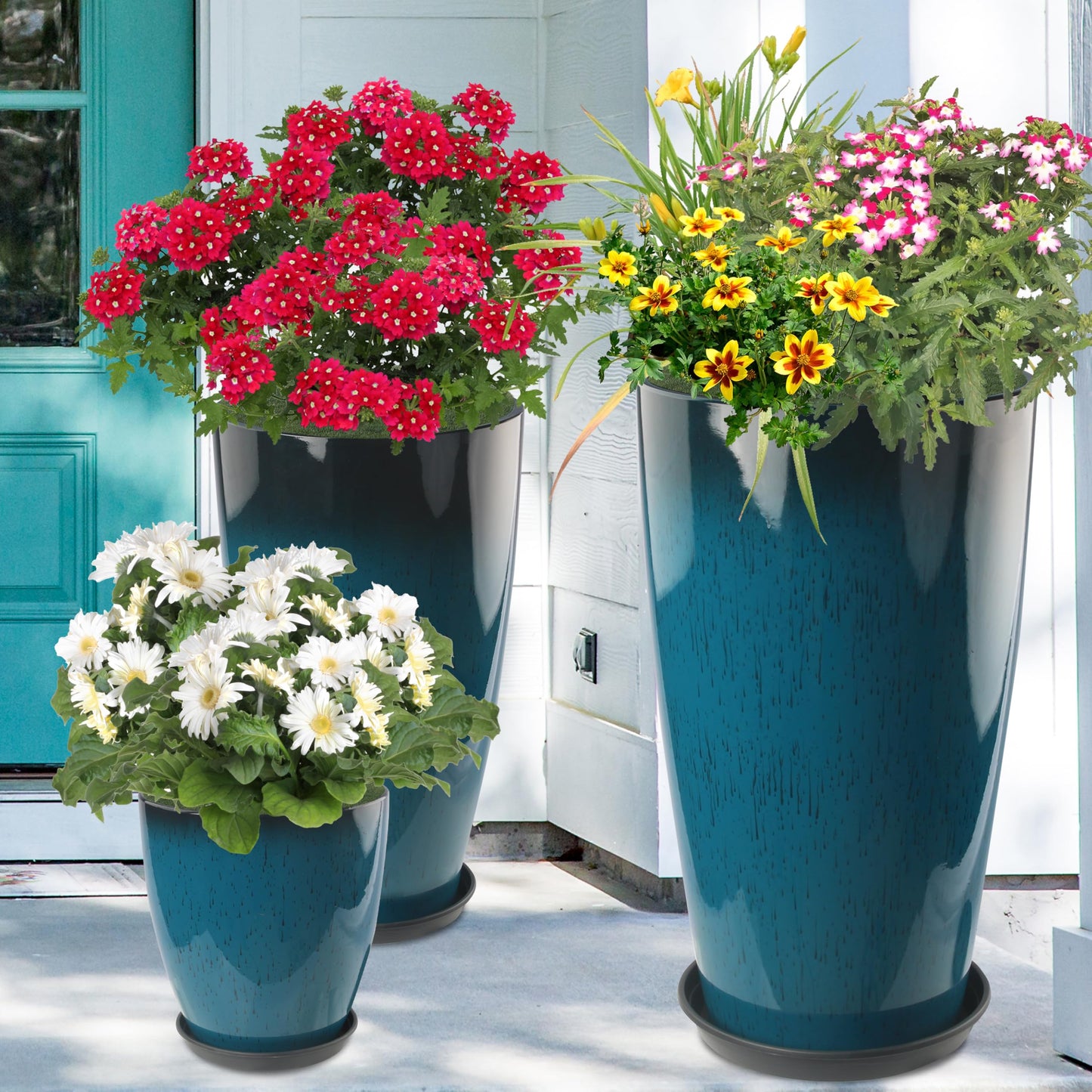 Goldshire 24-21-11 Inch Tall Planters Set of 3, Indoor Outdoor Blue Glossy Round Planter with Drainage Hole and Saucer, Large Decorative Plant Pots for Home Garden Porch (Blue)