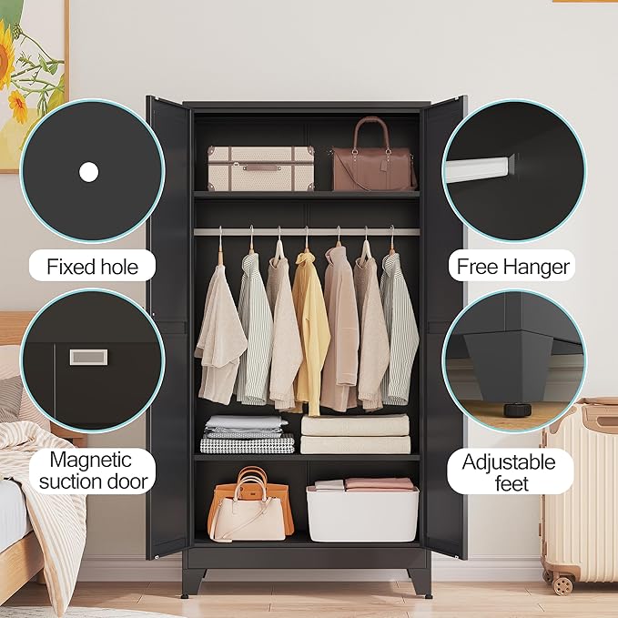 erosoei 71 "Metal Armoire Wardrobe Closet, Steel Clothing Storage Cabinet