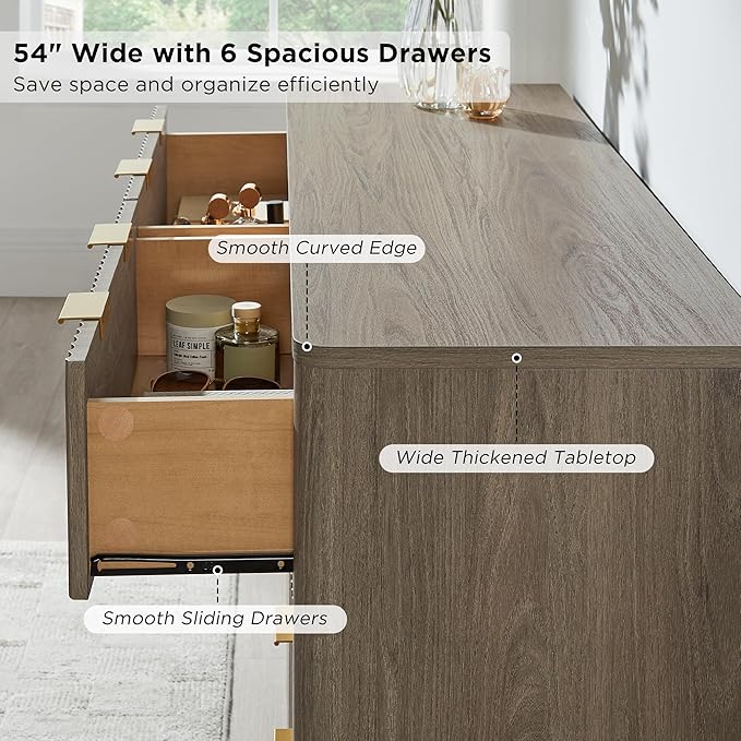T4TREAM Fluted 6 Drawers Dresser, Curved Profile Design, Dresser TV Stand